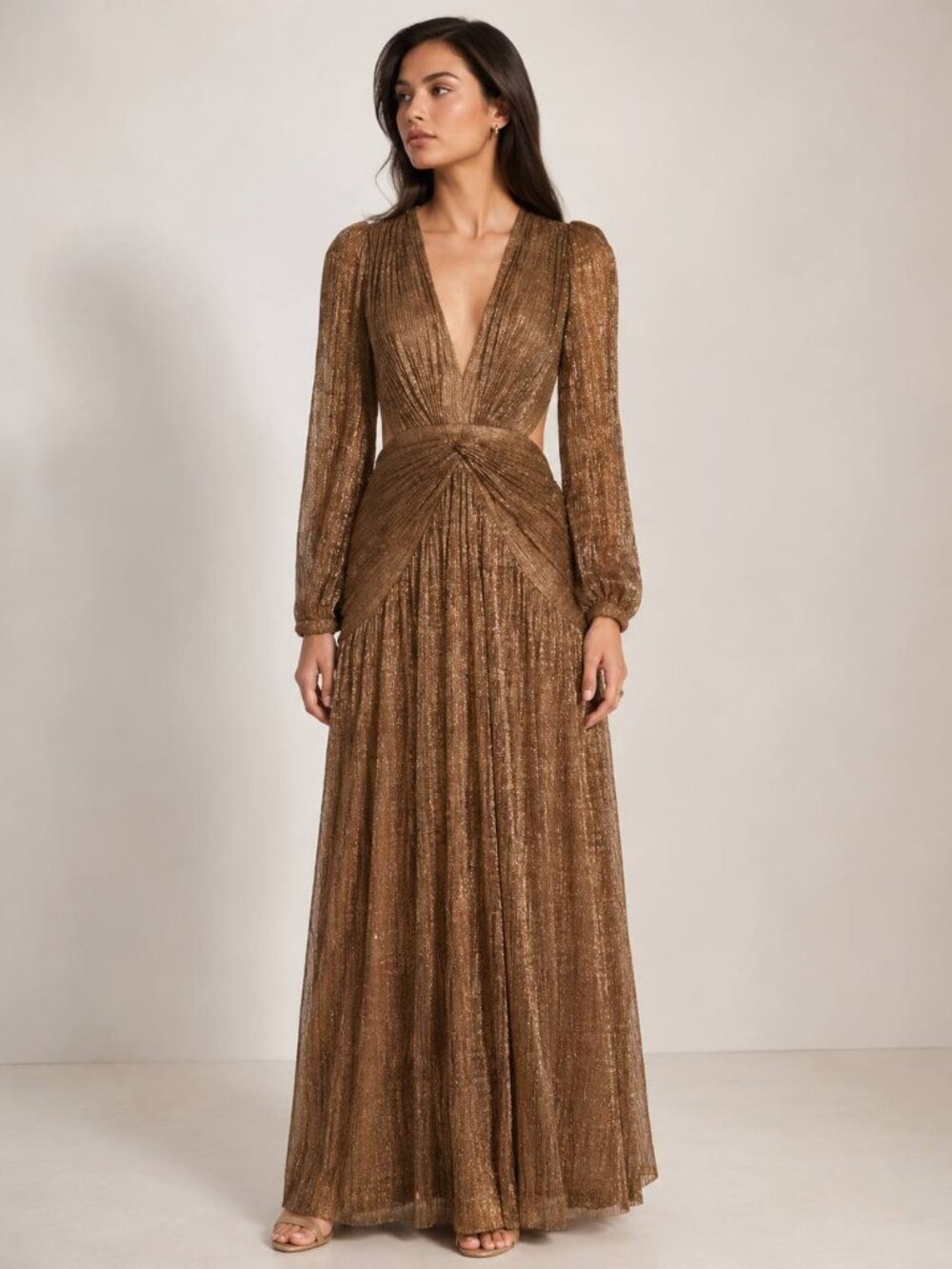 Gianni Bini Bronze Metallic V-Neck Open Back Maxi Dress Size 6 NWT